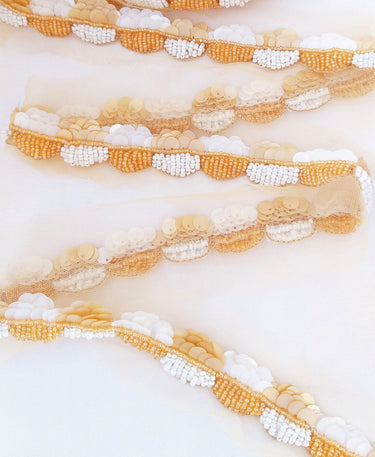 Beige Net Lace With Off White And Beige Sequins and Beads, Scallop Trim, Exclusive Laces